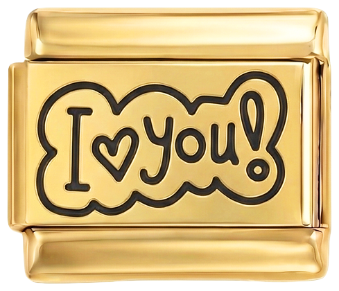 Skal legges til - Jeg elsker deg! i svart inne i en snakkeboble på gull