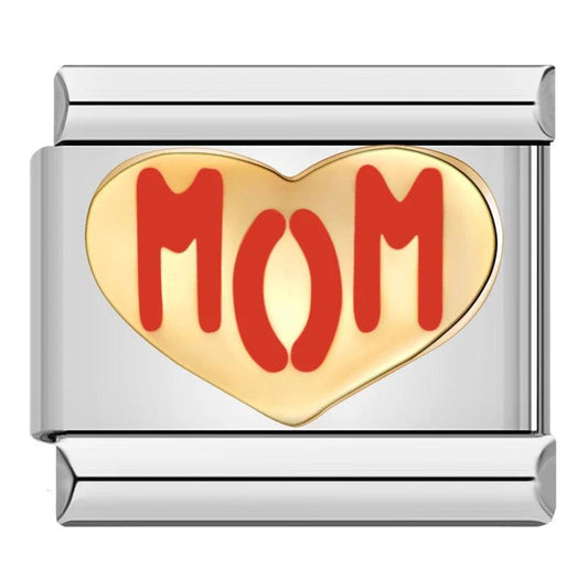 Heart in Gold, Love Mom in Red, on silver - Charms Official