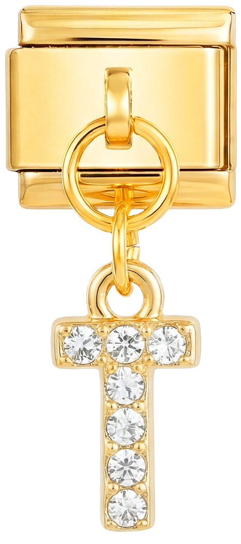 Skal legges til - Hengende bokstav T med steiner i gull